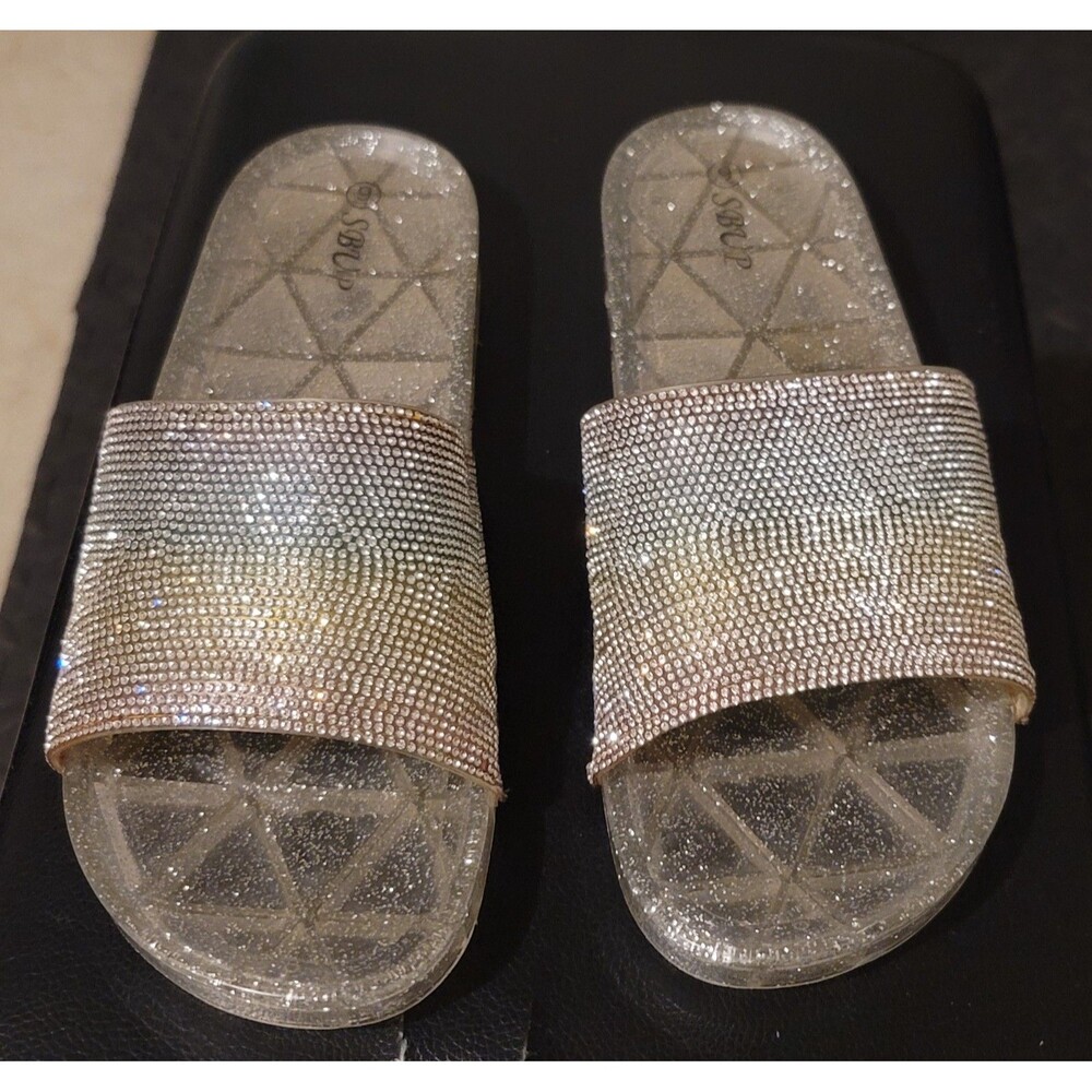 SBUP Clear Glitter Rhinestone Slide Sandals - Sparkly Bling Jelly Slides